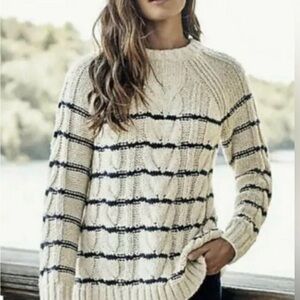 J.Jill pullover Sweater Ivory Blue Stripe Cable Knit Nautical Crew Neck